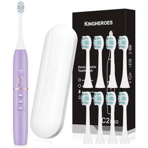 kingheroes Electric Toothbrush Set, Comes with 8 Brush Heads & Travel Case, 4 Modes with 2 Minutes Built in Smart Timer, One Charge for 60 Days, 42000 VPM Motor (Purple)