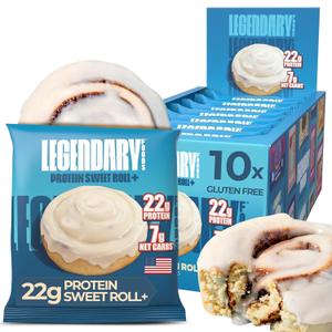 Legendary Foods 22g Protein Cinnamon Roll - Premium High Protien Bars, Low Carb Meal Replacement Snack, Low Glycemic Index, Gluten Free Snacks - Sweet Zero Sugar, Keto and Diabetic Friendly 10-Pack, Best by 4/14/26