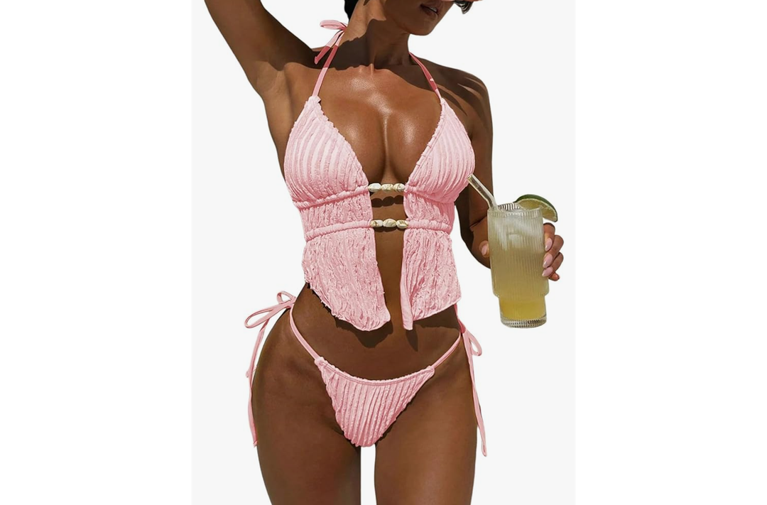 ZAFUL Halter Swimsuits for Women Textured Backless 2 Piece Bathing Suits Cheeky High Cut String Tie Side Bikini Sets