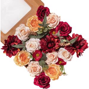 FANKO Artificial Rose Fake Flowers: Silk Fake Red Roses Fall Fake Flowers Bouquet Burgundy Faux Flowers for Wedding/Table Decoration/Centerpieces/Party/Cake (Color-1)