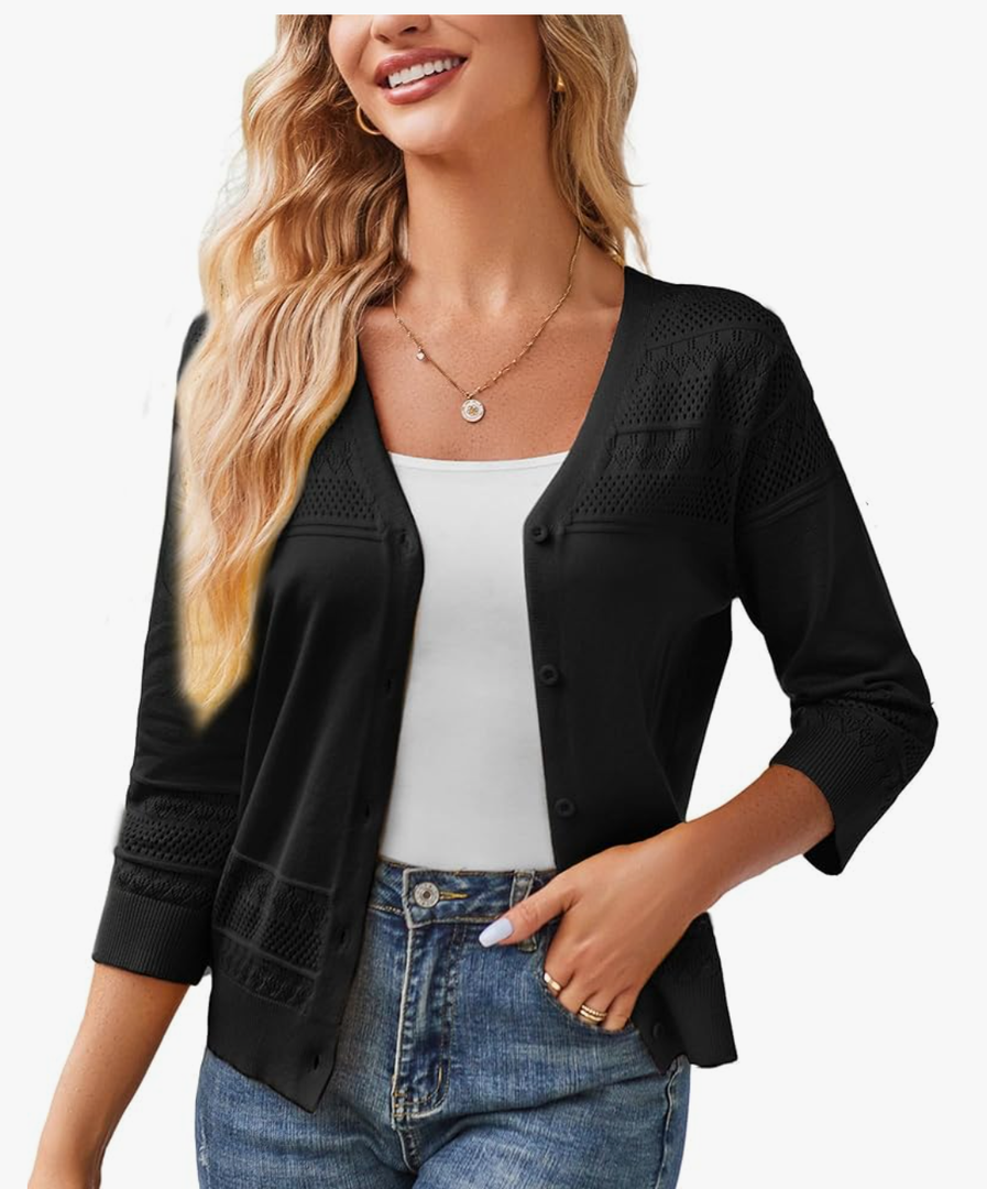 GRACE KARIN Women's 2025 Cropped Cardigan 3/4 Sleeve Lightweight Crochet Shrug Hollowed-Out Knit Sweater Tops 3XL