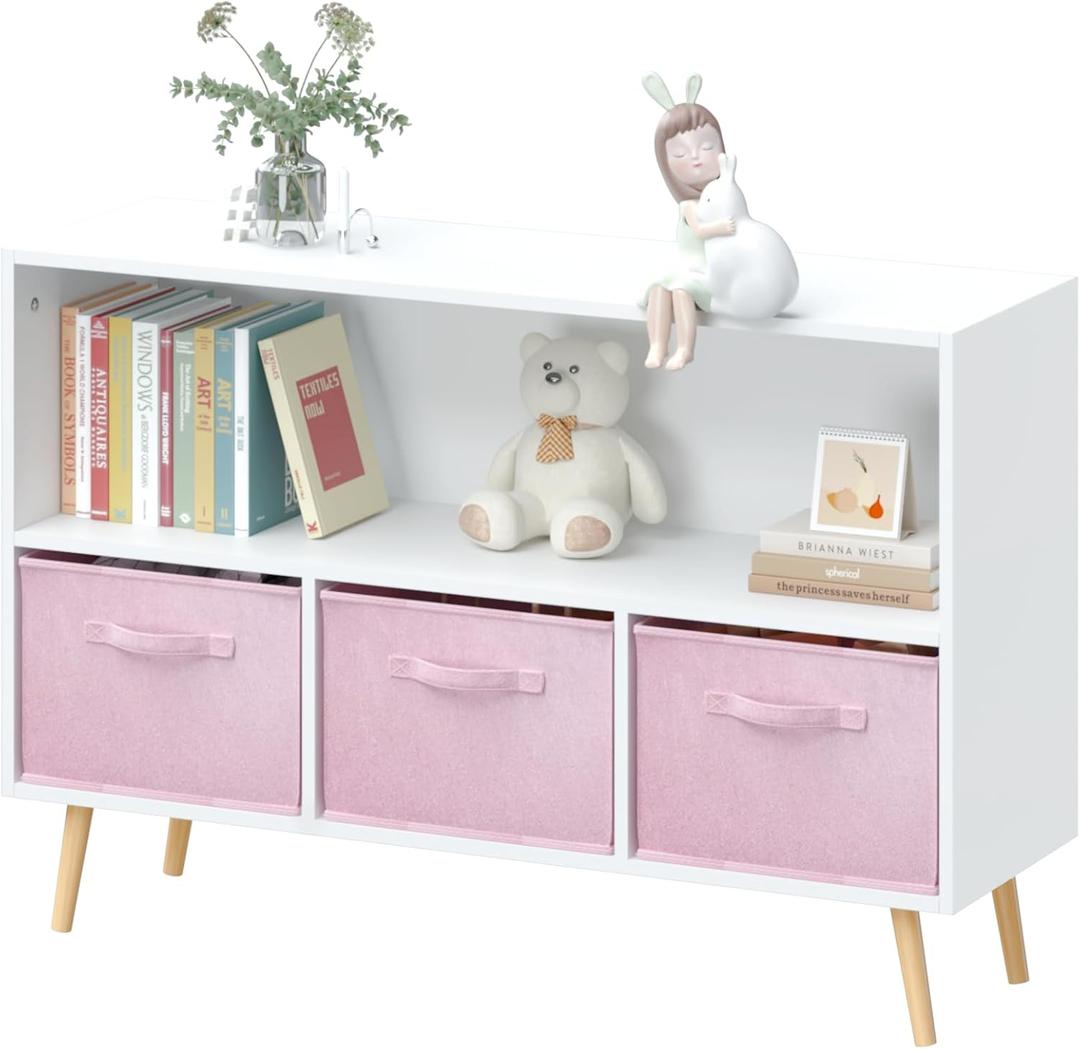 Kids Bookcase and Bookshelf, Multi Shelf Toy Storage Organizer, Kids Bookshelf with 3 Collapsible Fabric Drawers and Pine Legs, Kids Book and Toy Display Rack for Bedroom, Playroom White+Pink, 35.43 x 11.02 x 23.62 inches