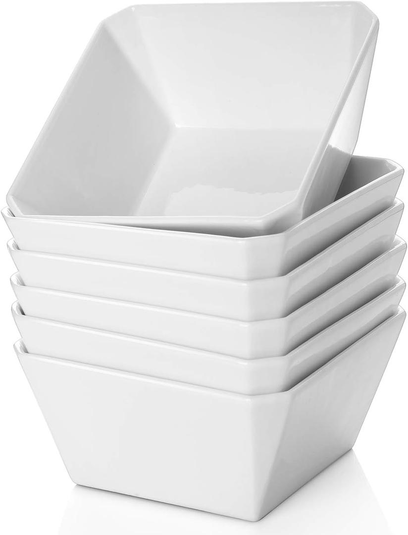 6 x Samsle Porcelain Cereal Bowls, 16 oz Square Serving Bowls Set, 5 Inch White Ceramic Bowls for Salad, Soup, Snack, Dessert and Marmalade, Dishwasher & Microwave Safe, Set of 6