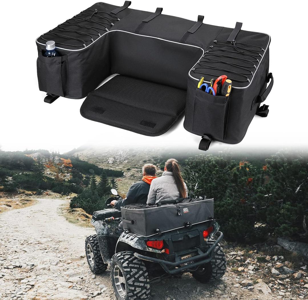 KEMIMOTO ATV Storage Bags, 50L ATV Rear Seat Storage Bag Water-Resistant Four Wheeler Gear Bag Back Seat with Built-In Frame, Removable Cushion for Passenger