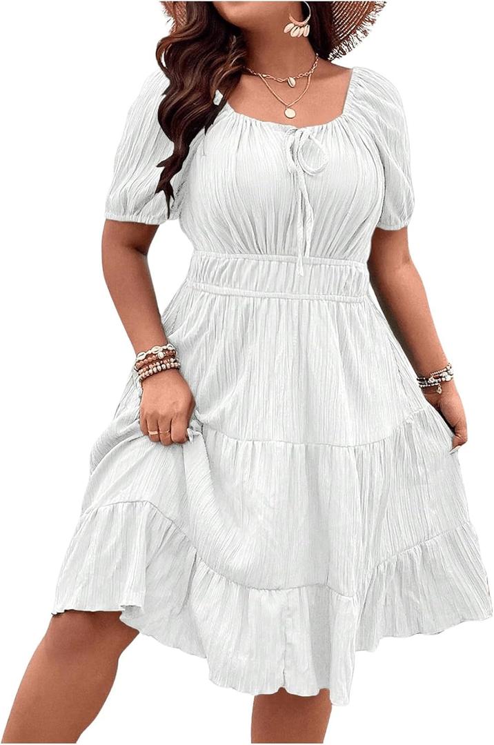 Floerns Women's Plus Size Tie Front Square Neck Puff Sleeve Ruffle Hem Midi Dress (Pink, XS)