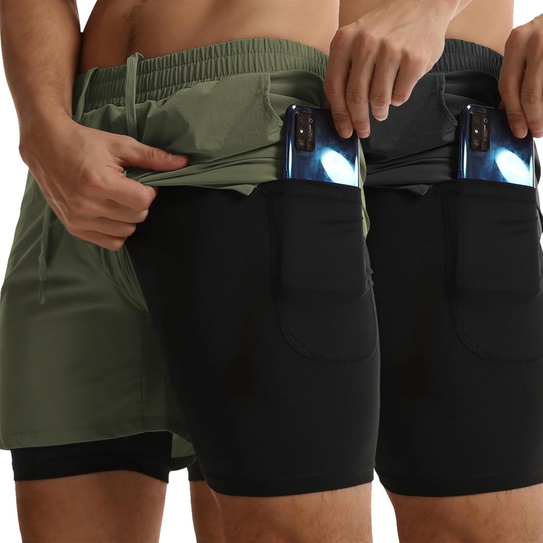 ATTBEA Men's 2 in 1 Running Shorts with Liner 5" Quick Dry Workout Gym Sports Shorts with Pockets (XX-Large, Black/Green)