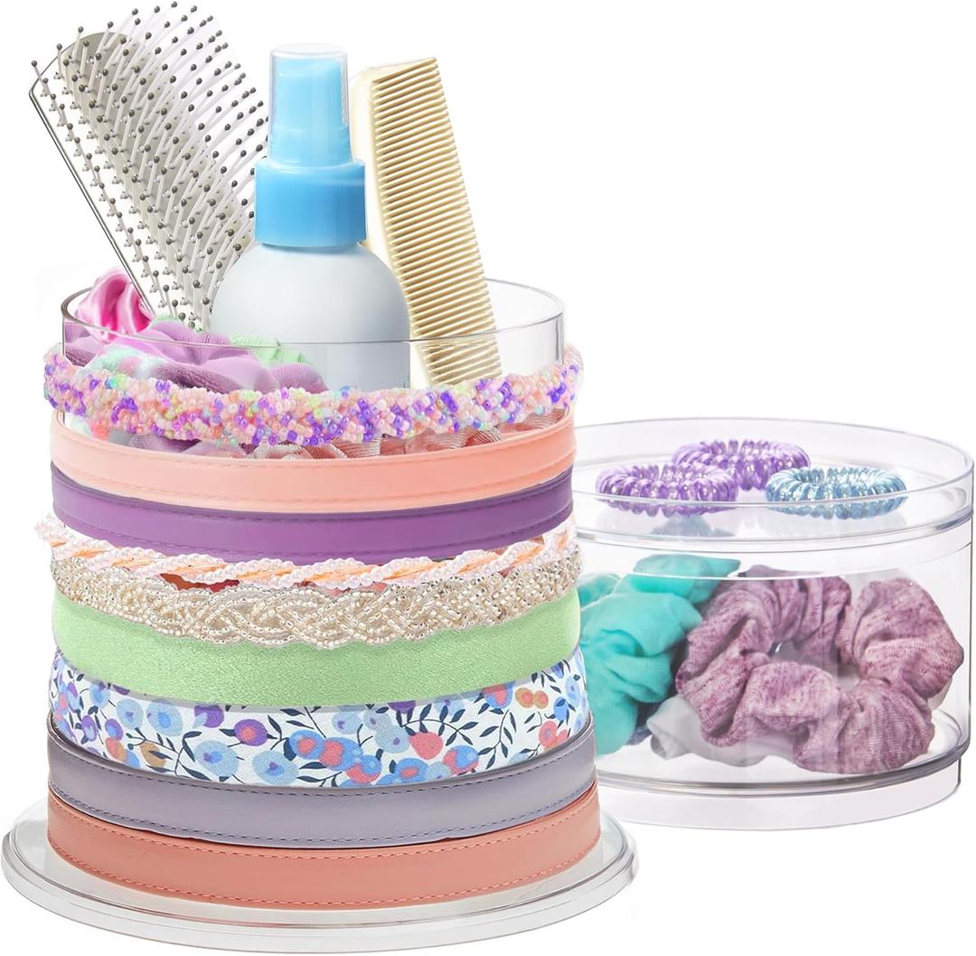 Stackable Clear Plastic Hair Accessory Organizer Set | Round Headband and Hairbrush Holder Stacks on The Storage Containers with Tray LidStackable 2-Tier Cylinder Organizer