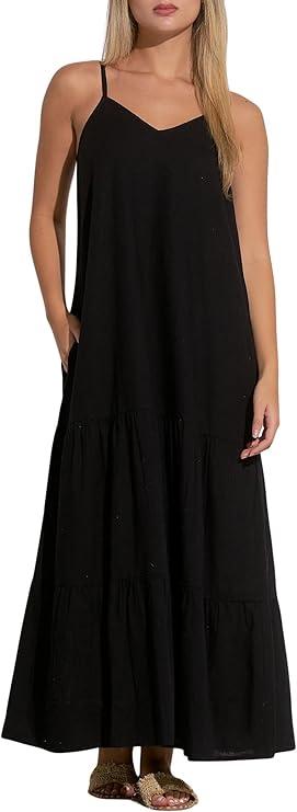 ELAN Women's Tulum Tiered Spaghetti Strap Maxi Dress Black L