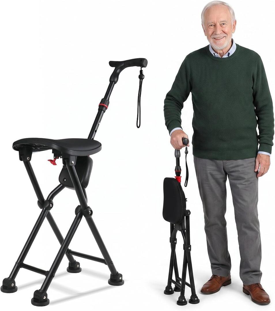 Folding Cane with Seat, 400 lbs Heavy Duty 4-Leg Walking Cane Chair, 35.63-38.39"