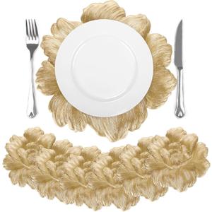 Comfoyar Gold Round Metallic Flower Placemats Set of 6, 15x15 Inch Non-Slip Vinyl Floral Place Mats, Washable Waterproof Table Mats for Indoor Kitchen Dining Party Table Decoration