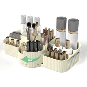 Rotating Makeup Organizer Cosmetic Display Case, Used for Vanity Makeup Brushes, Lipstick, Perfume and Various Skin Care Products - Spacious and Fashionable Storage Solution (Creamy White)