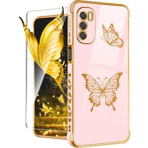 Coralogo for Moto G Stylus 5G 2022 Case (NOT FIT 4G) Butterfly for Women Girls Girly Pretty Phone Cases Cute Gold Plating Butterflies Design with Screen Cover for Motorola G Stylus 5G 2022 6.8"