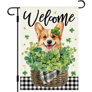DLZDN St Patricks Day Dog Garden Flag Shamrocks Clovers Corgi Flag 1218 Inch Double Side Vertical Burlap Farmhouse Yard Sign Holiday Outdoor Decoration