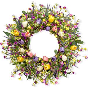 22 Inches Spring Wreaths for Front Door Rustic Summer Door Wreath Colorful Spring Floral Wreaths Farmhouse Easter Tulip Wreath for Window Front Porch Home Indoor Inside Outside Decoration