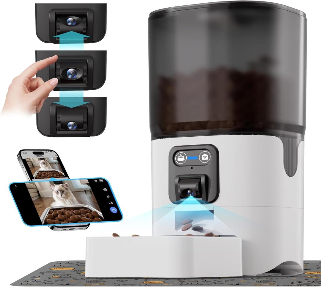 Automatic Cat Feeder with Camera, Adjustable Angle 2.4G WiFi/App Pet Food Dispenser, 6L Timed Dispenser with Two-Way Audio, Auto Pet Feeder with Mat for Cat & Dog, 1-10 Meals Per Day (Cat Feeder with Mat)
