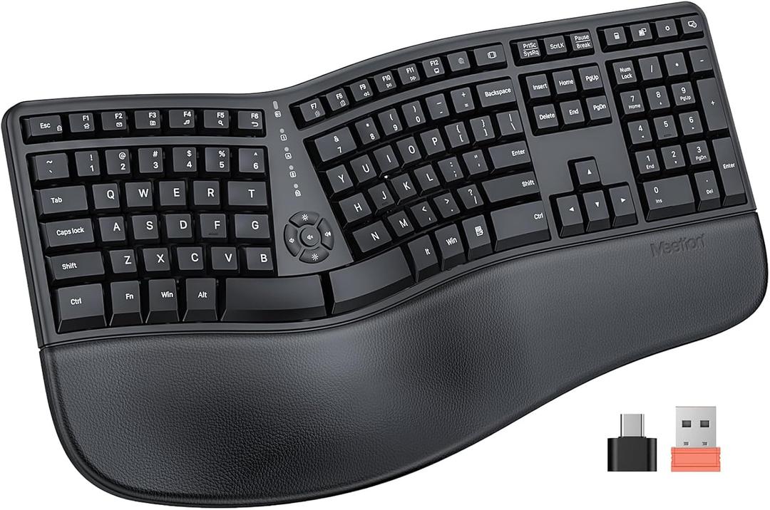 MEETION Ergonomic Keyboard Wireless, Split Curved Keyboard with Cushioned Wrist Palm Rest, 2.4G Cordless Computer keybaords, Full Size Natural Typing for Windows/Mac/Laptop/PC, Black