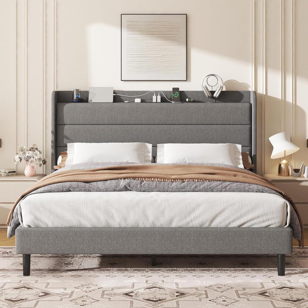 Full Size Linen Multifunctional Bed Frame, Wingback Headboard with Charging Station & Storage Shelf, Upholstered Platform Bed, Noise Free, No Box Spring Needed, Easy Assembly, Grey