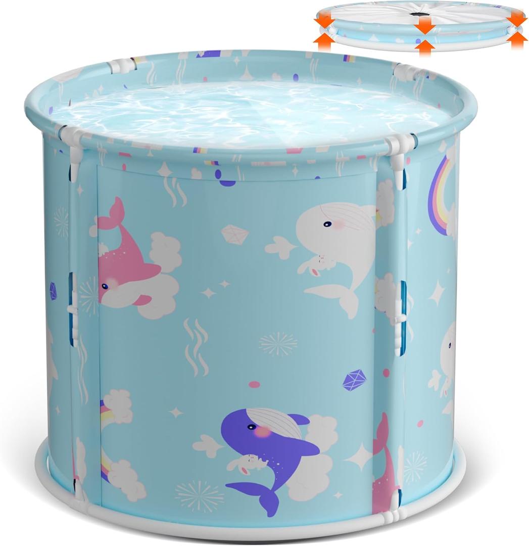 Portable Bathtub, Foldable Bathtub for Kids, Boys and Girls, Therapy Tub for Shower Stall Bathroom Fold Up Japanese Soaking Hot SPA Bath Tub, Outside Ice Bath 21.65''x23.62''(Ocean World Blue)