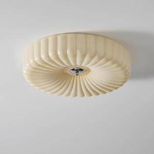 Bofea-Nordic Cream Glass Flush Mount Ceiling Light,15.74inch LED Semi Flush Mount Ceiling Lights Mid Century Modern Bedroom Overhead Lamp,Round Overhead Light Fixture for Hallway Kitchen (Large, Milk Yellow)