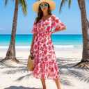 Women's Summer Boho Off Shoulder Midi Dress Ruffle Sleeve Smocked Elastic Waist Flowy Dresses (L)