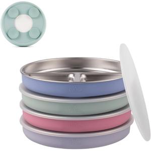 Elk and Friends Stainless Steel Divided Plates with Silicone Sleeve for Babies & Toddlers | Lids Included | Stay Put Suction | Dinner & Snack Plates | 4 Pack (Blush/Lilac/Sage/MistyBlue)