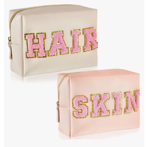 Patelai 2 Pcs Preppy Makeup Bags Chenille Letter Patch Bag Face Skin Hair Stuff Aesthetic Cosmetic Bag Travel Zipper Pouch Makeup Organizer Graduation Gift for Girls (White, Pink,Hair, Skin)