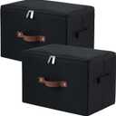 2 Pack Storage Bins with Zipper Lid Cotton Linen Fabric Lidded Storage Baskets Boxes Foldable Washable Closet Shelf Clothes Organizer Container with PU Leather Handles (Black, Large Size)