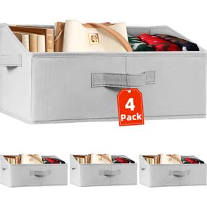 Criusia 4 Pack Large Closet Shelf Organizer Bins with Handles - Fabric Trapezoid Storage Baskets for Clothes, Towel, Blanket, Purse, Hats (Grey)