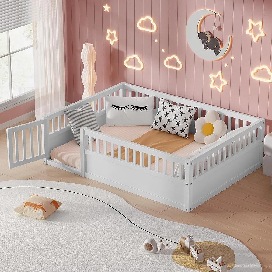 Full Size Montessori Floor Bed Frame with Convertible Door & Wood Slats for Kids,Wood Montessori Bed with Safety Guardrails for Girls & Boys,White