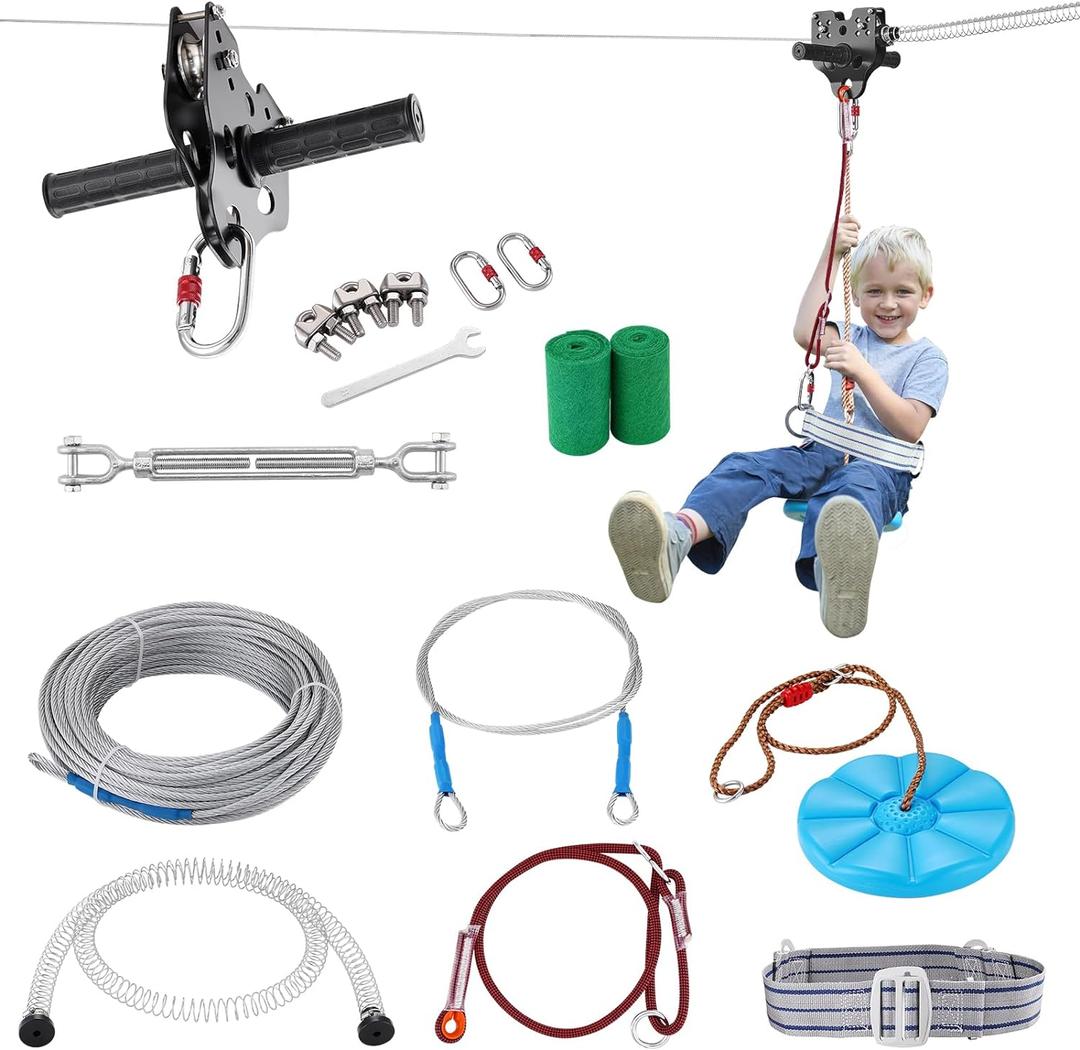 VEVOR Zip line Kits for Backyard160ft Zip line Kit for Kids and Adult Up to 330 lb, Included Swing Seat, Ziplines Brake, and Steel Trolley, Outdoor Playground Equipment
