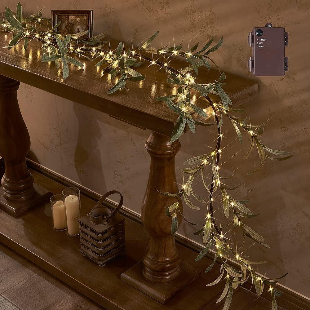 Hairui Lighted Artificial Olive Garland 6FT 96 LED Fairy Lights Battery Operated, Faux Vine Lights with Timer for Spring Christmas Holiday Fireplace Decoration