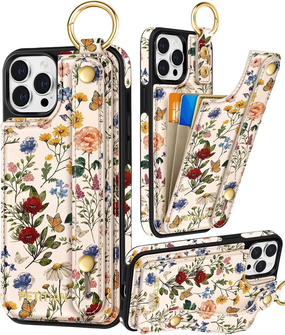 Petitian for iPhone 12 Pro Max Case with Wallet - Women Girls Cute Girly Aesthetic Unique Design Leather Credit Card Holder Cardholder Stand Wristband for iPhone 12 Pro Max, Vin Flower