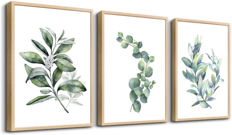 Framed Canvas Wall Art For Living Room Wall Decor For Bedroom Green Leaves Plants Watercolor Painting Office Wall Pictures Kitchen Wall Decorations Bathroom Decor Set Of 3 Piece Framed Art Prints