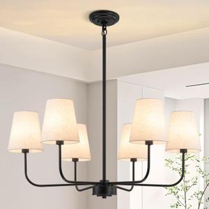 Farmhouse Chandelier 6 Light 31.5", Black Chandelier Modern Dining Room Light Fixtures over Table Island Lighting Fixture with Linen Fabric Shades for Kitchen Living Room Foyer Entryway Bedroom