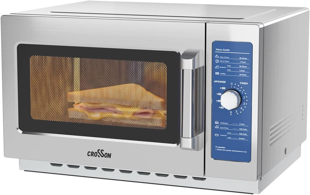 CROSSON ETL Listed Commercial Microwave Oven Countertop with Dial Controls,1.2Cu Ft,Stainless Steel,1000w with 5 Power Levels,Easy to Use and Clean for Restaurants|Office|Home Kitchen
