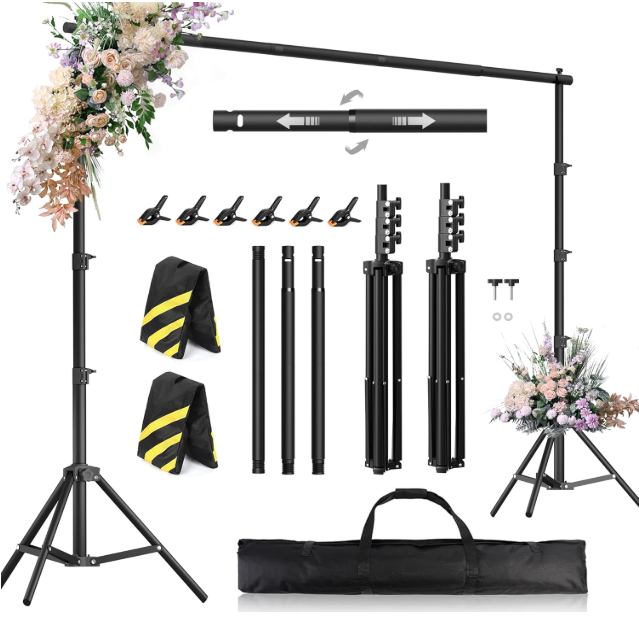 Backdrop Stand 10 x 8 FT for Photography Studio, Telescopic Adjustable Background Stand for Parties, Photoshoot Backdrop Stand with Spring Clamps, Sandbags, Carry Bag