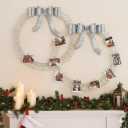 2 Pcs Christmas Photo Holder Display 17" Metal Wreath Xmas Card Holder Display Wall Hanging Decoration with Bow Wire Loop for Greeting Card Picture Insert Holiday Wall Decor(Silver)