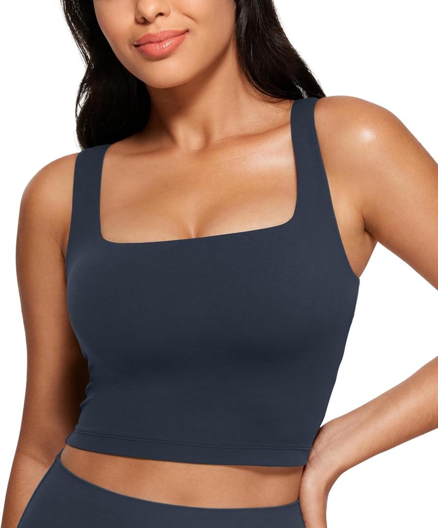 CRZ YOGA Butterluxe Square Neck Crop Tank Tops for Women - Workout Longline Sports Bras Padded Yoga Camisole (Small, True Navy)