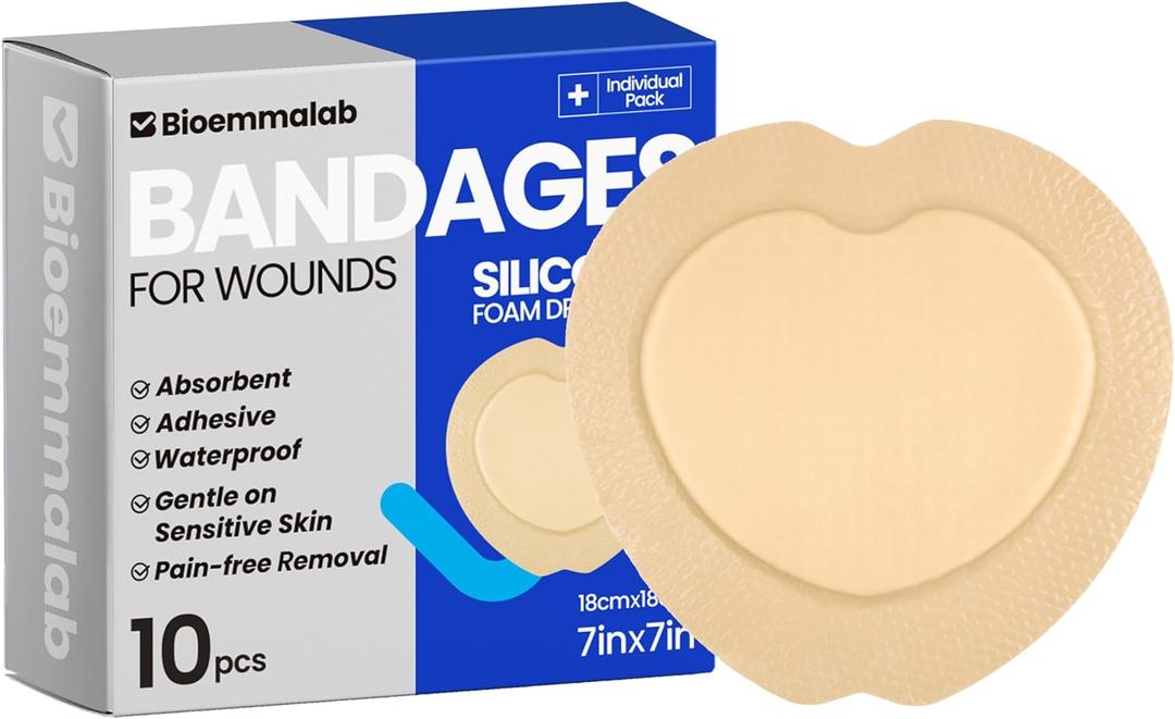 Large Waterproof Bandages Wound Care 7"x 7" Silicone Foam Dressings Sensitive Skin,10 Packs, Adhesive Bordered Pads for Bed Sore Pressure Relief Sacral Buttocks, Showering, Sterile Sacrum Care (7"x7")