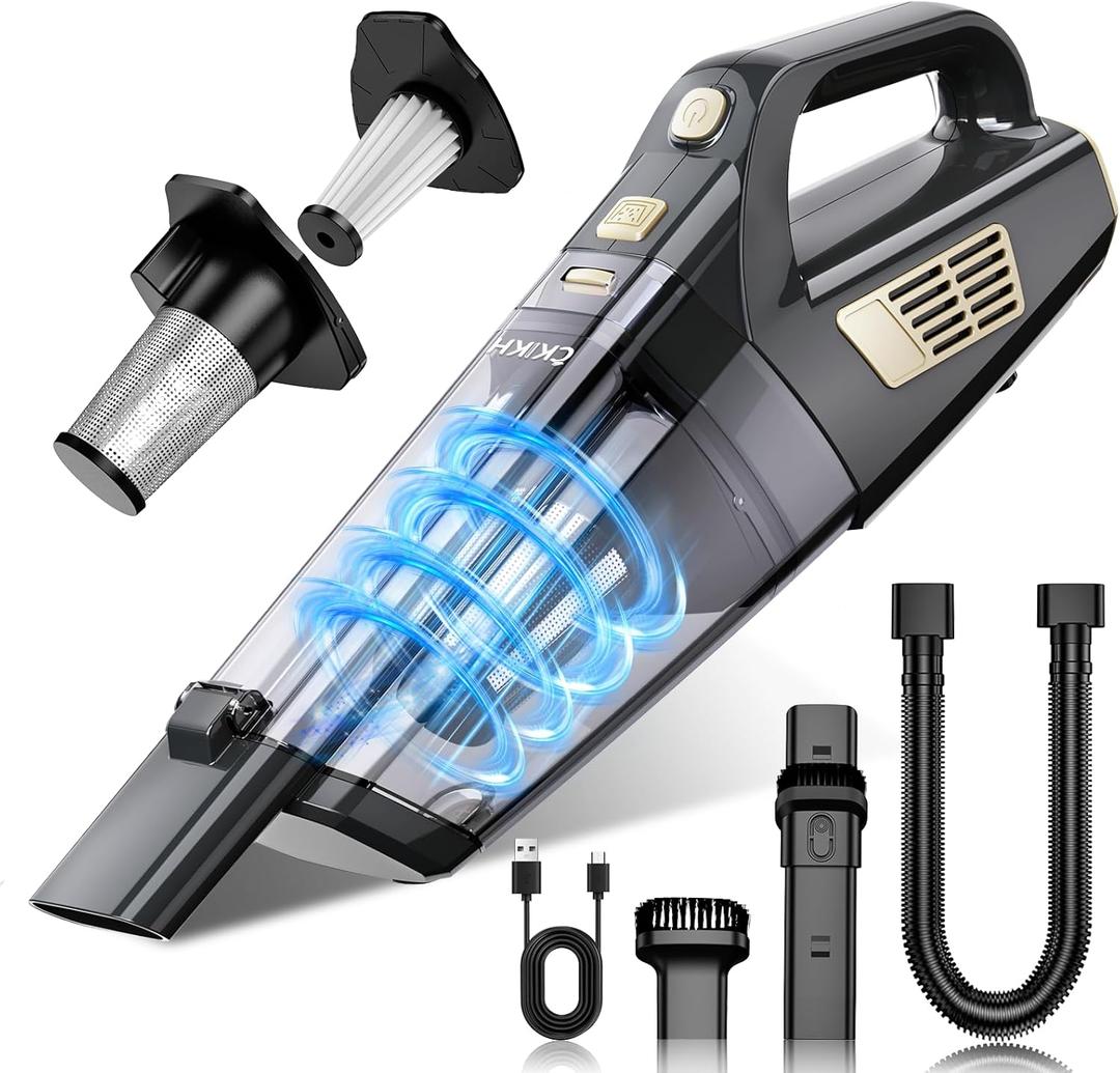 CKIKH Handheld Vacuum Cordless, 15000PA Strong Suction Hand Held Car Vacuum Cleaner Portable with Multi-Nozzles & Washable Filter, Lightweight Rechargeable Vacuum Cleaner for Home, Car, Office, Pets (Black & Gold)