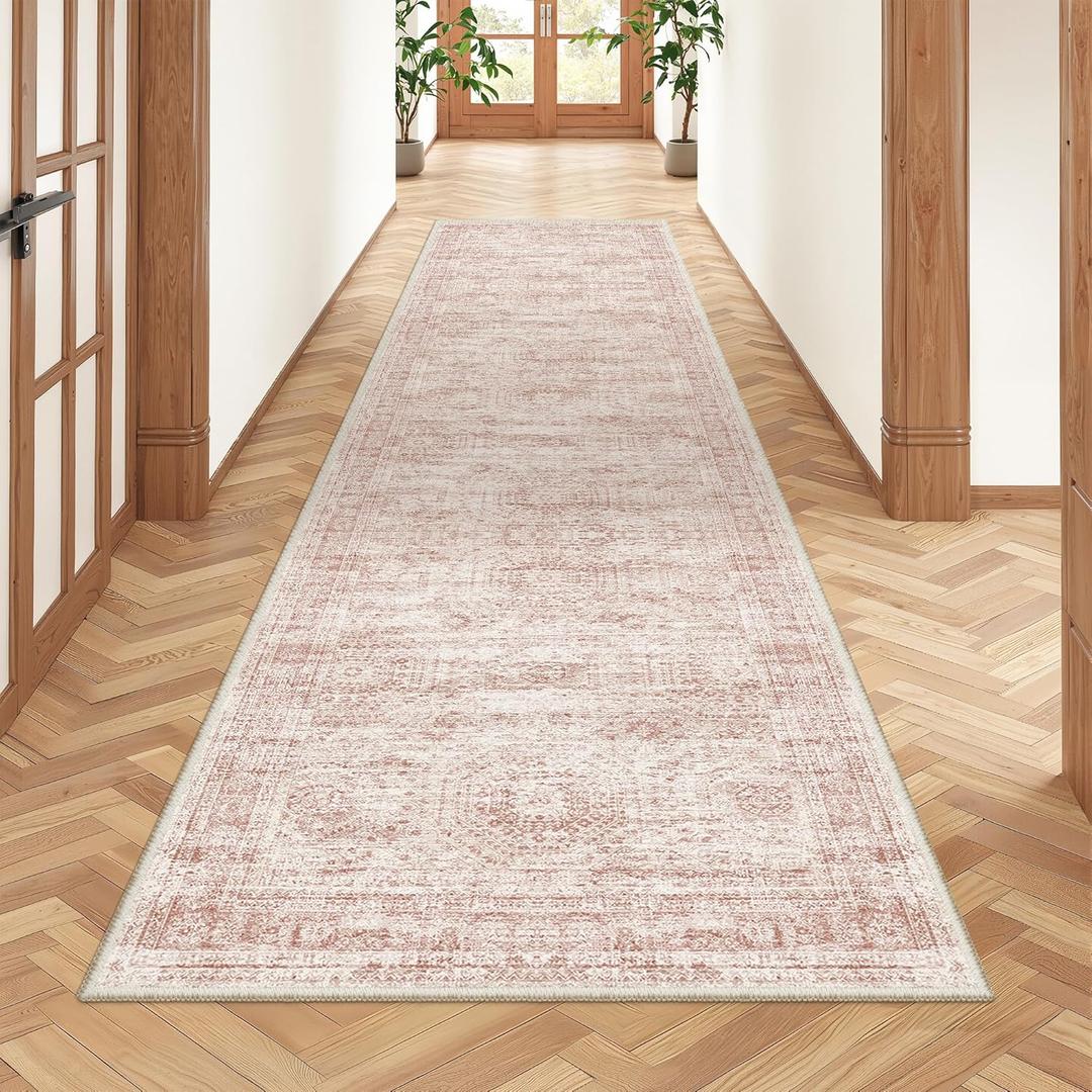 Rug Runners for Hallways Non Slip - 2x8 Runner Rug for Bedroom, Washable Runner with Rubber Backing, Soft Low-Pile Carpet for Kitchen, Laundry, Bathroom (2'x8', Pink/Ivory)