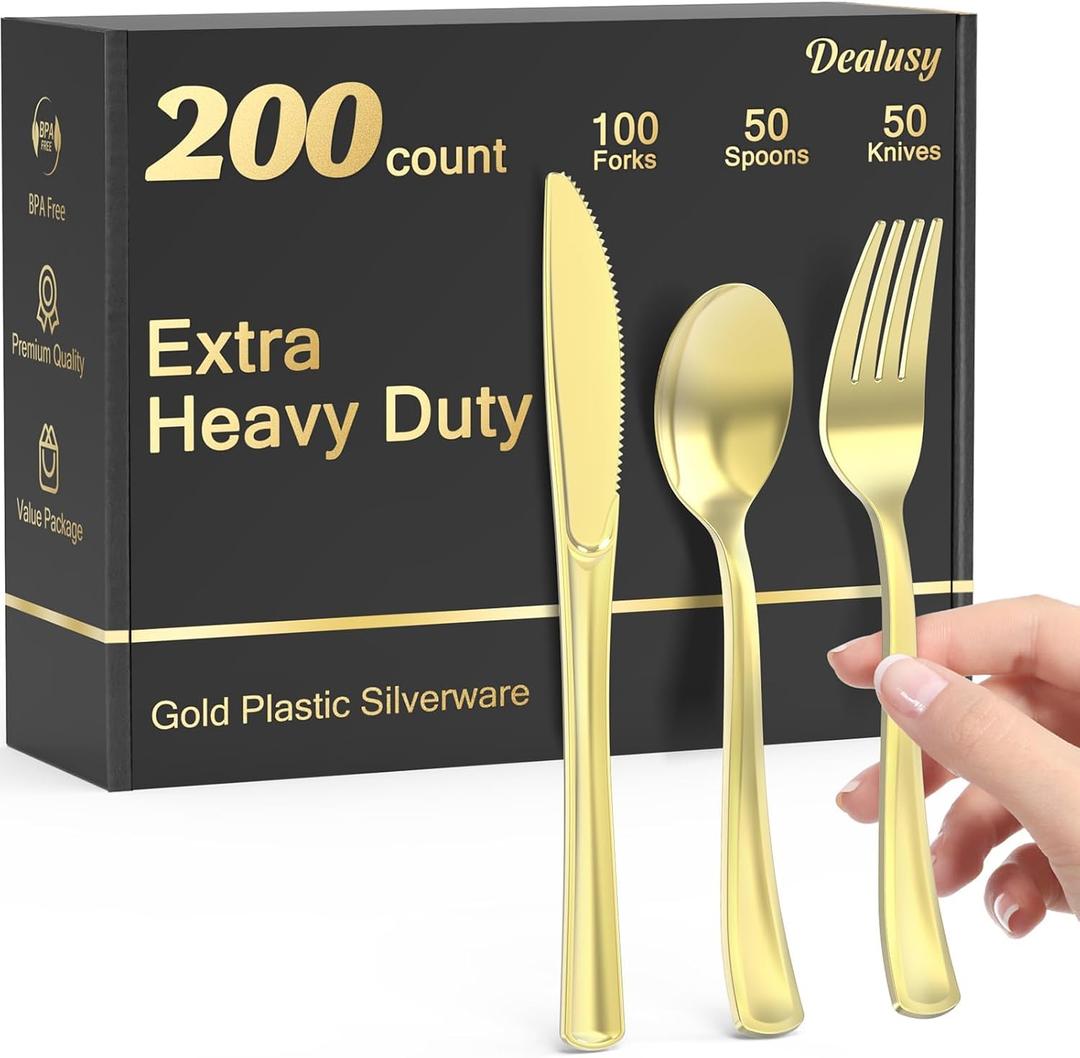 Dealusy 200 Count Heavy Duty Gold Plastic Silverware, 100 Forks, 50 Spoons, 50 Knives, BPA-Free, Heat Resistant, Disposable Plastic Utensils Set Cutlery Set, Plasticware Bulk