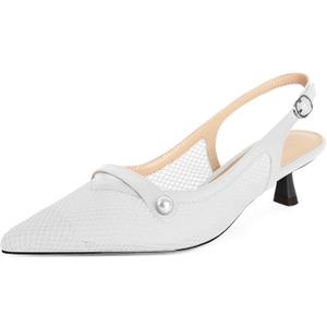 SAMMITOP Womens Slingback Kitten Heels Closed Pointed Toe Low Heel Mesh Pumps Pearl Strap Dress Shoes 1.5 Inches (White)