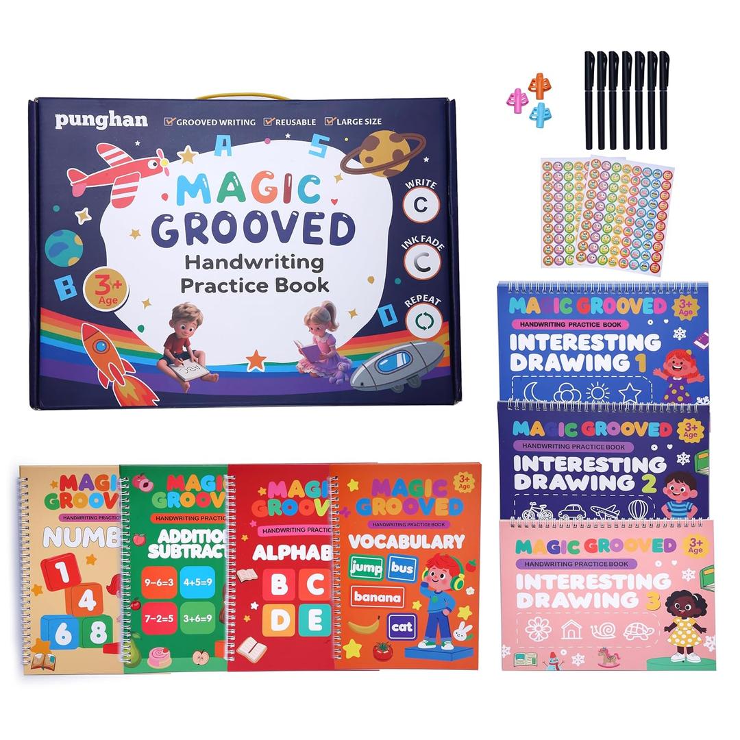 Magic Grooved Writing Practice for Kids Ages 3-8,Jumbo Reusable Grooved Handwriting Workbooks Kit(7 Books+Pens),Learn to Write Letters, Numbers, Math & Drawing,10.2"x7.3" Large Size