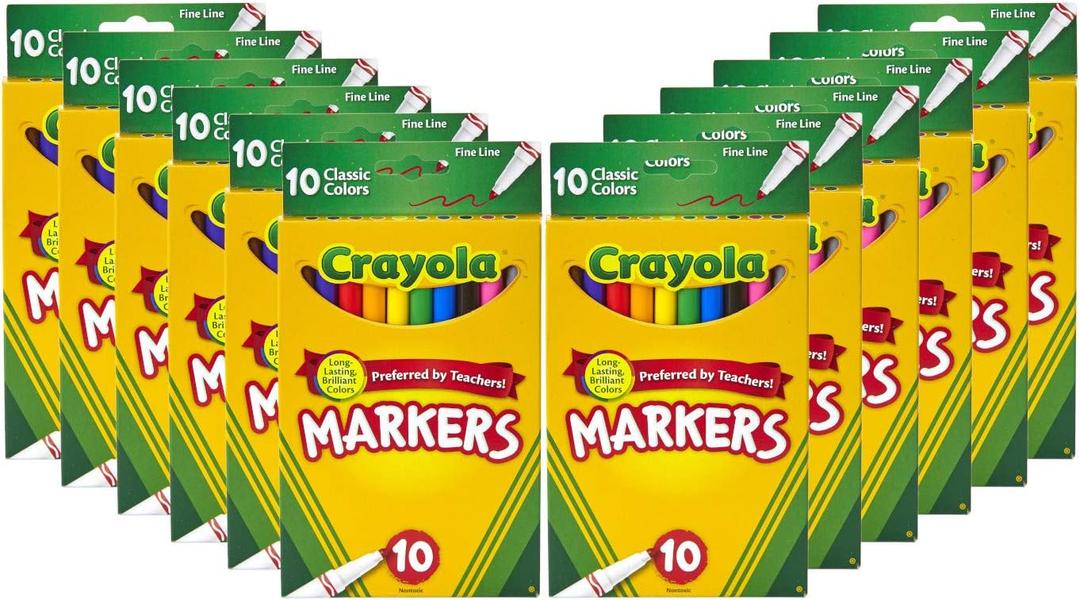 Crayola Fine Line Markers for Kids (12 Boxes), Bulk Coloring Markers for School, 10 Assorted Colors, Essential Teacher Classroom Supplies, Ages 3-5 Yrs Old  Crayola Fine Line Markers for Kids (12 Boxes), Bulk Coloring Markers for School, 10 Assorted Colors, Essential Teacher Classroom Supplies, Ages 3-5 Yrs Old