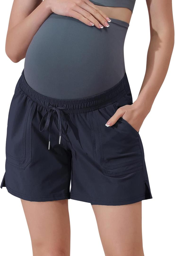 Maacie Maternity Hiking Shorts Quick Dry Waterproof 5" Workout Sports Shorts Outdoor Casual (XX-Large, Navy Blue)