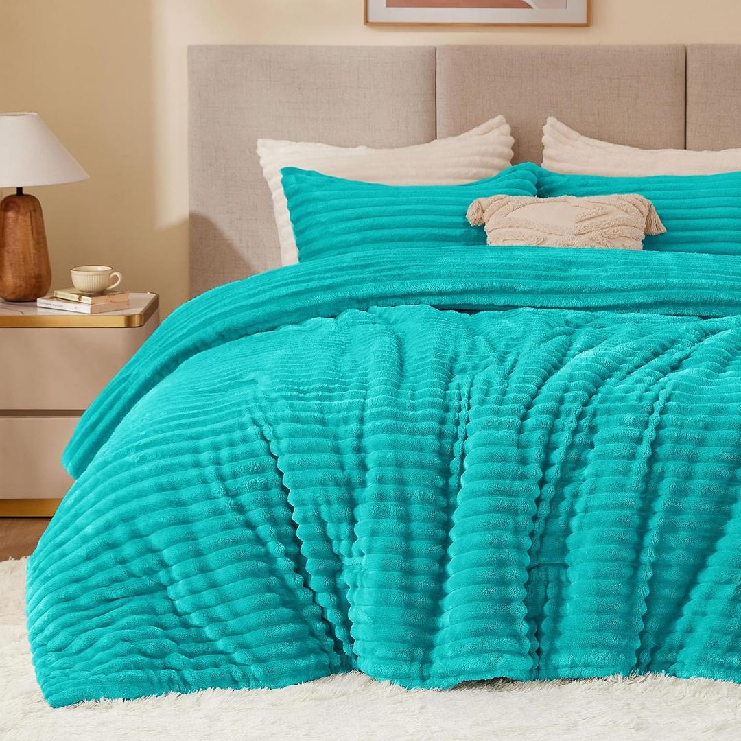 BEDELITE Fleece King Comforter Set -Super Soft & Warm Fluffy Teal Bedding, Luxury Fuzzy Heavy Bed Set for Winter with 2 Pillow Cases