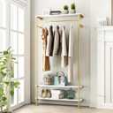Gold Wall Clothing Racks with White Shelves, Wall Mounted Gold Clothes Rack for Hanging RodsHeavy Duty Industrial Pipe Clothing Racks With Shelves