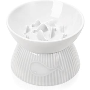Raised Cat Slow Feeder, Ceramic Slow Feeder Cat Bowl, Upgraded Ridges to Prevent Vomiting and Indigestion, No Spill High Edge for Dry/Wet Food, Heavy and Stable, Easy to Clean Pet Bowls