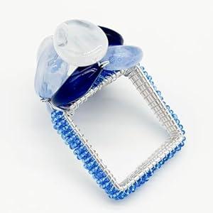Bryonia Beaded Pebble Stone Napkin Rings – Handcrafted Acrylic Holders with Natural Coastal Look – Elegant Table Decor for Modern, Ester, Spring, Wedding, or Gift - Set of 4, Blue